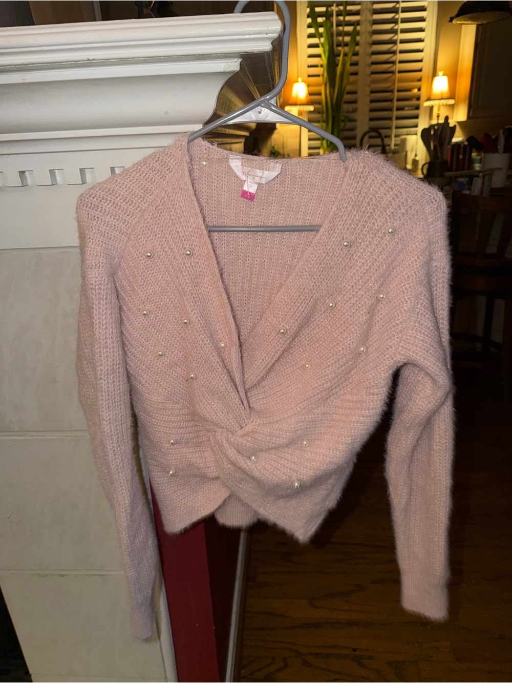 No Boundaries Soft Pink Pearl-Embellished Twist V-Neck Sweater
